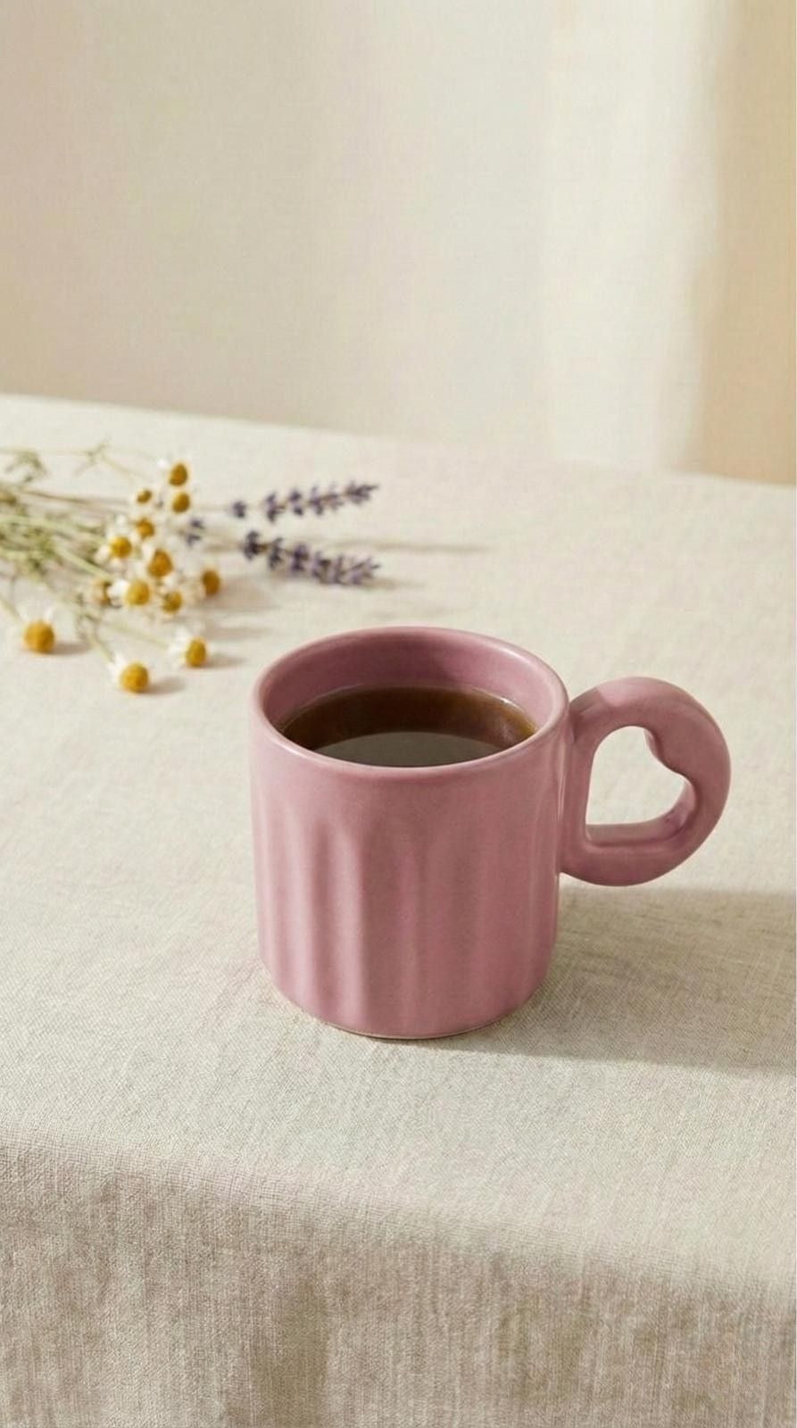 Kalp Kulplu Mat Seramik Çay & Kahve Fincanı | Pudra Pembe