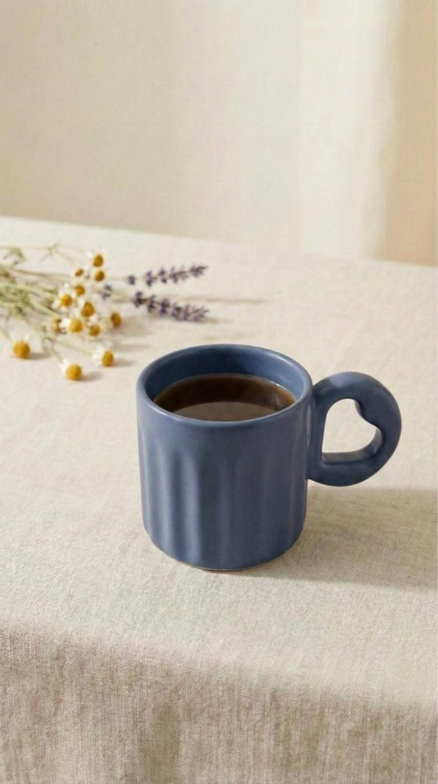 Kalp Kulplu Mat Seramik Çay & Kahve Fincanı | Gece Mavisi