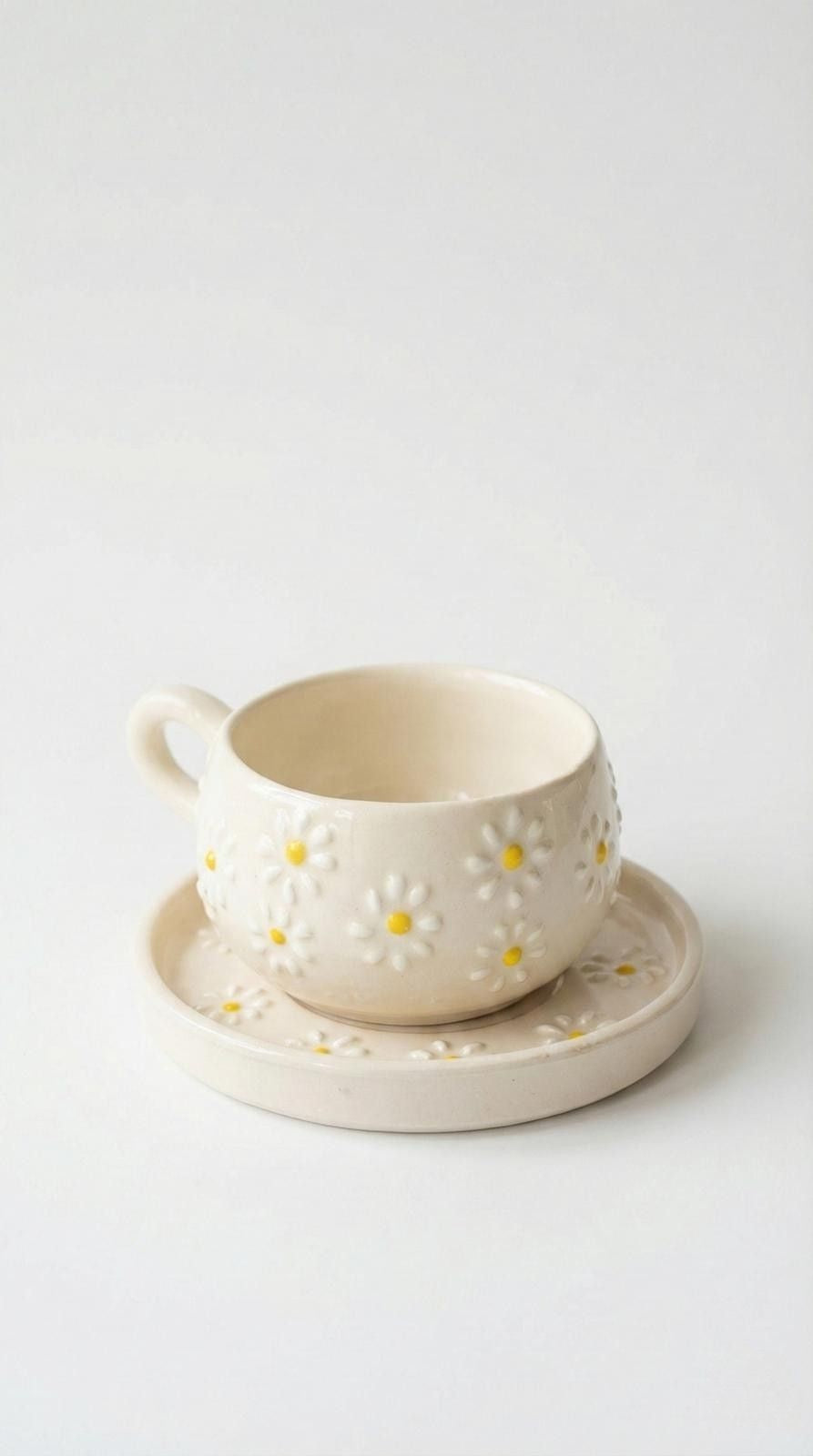 Seramik El Yapımı Çay & Kahve Fincan Seti | Papatya Desenli