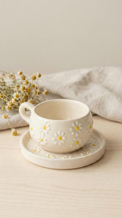 Seramik El Yapımı Çay & Kahve Fincan Seti | Papatya Desenli