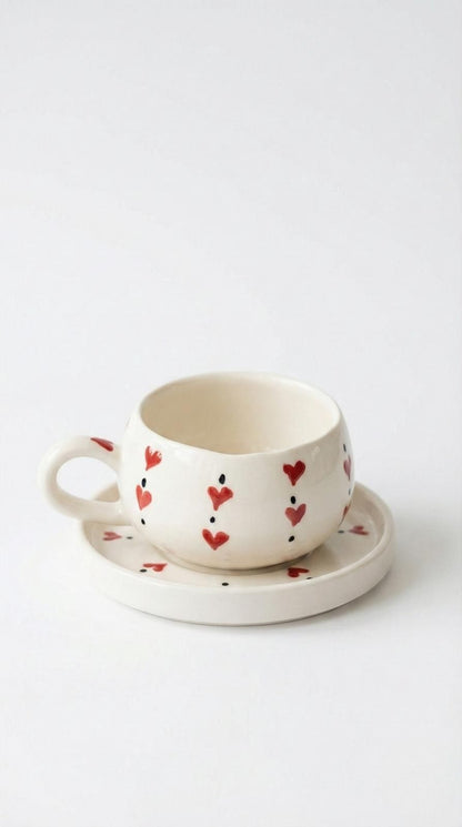 Seramik El Yapımı Çay & Kahve Fincan Seti | Kalp Desenli