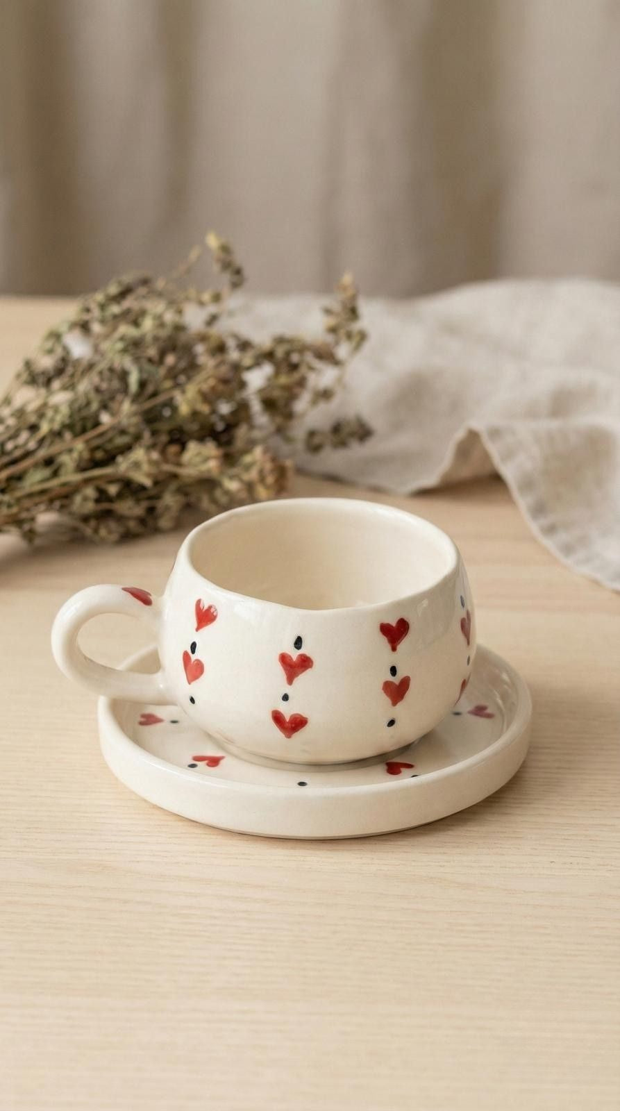 Seramik El Yapımı Çay & Kahve Fincan Seti | Kalp Desenli